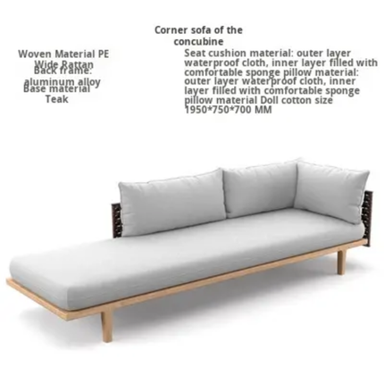 Corner sofa with white cushions on a white background, featuring material and size information.