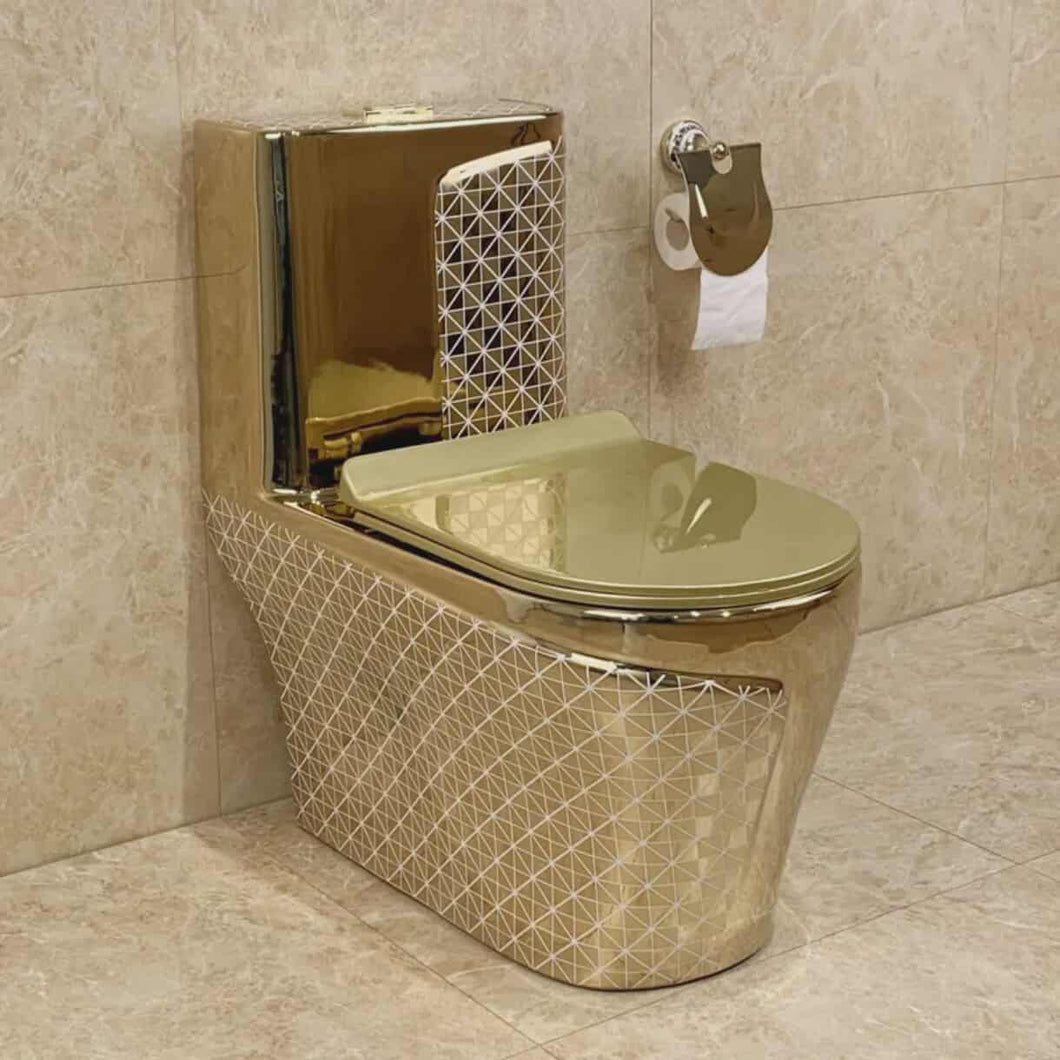 Luxury Electroplated Gold Ceramic Wall Hung Basin & One-Piece Floor Mounted Toilet Set – Modern Dual Flush P-Trap Bathroom WC Combo