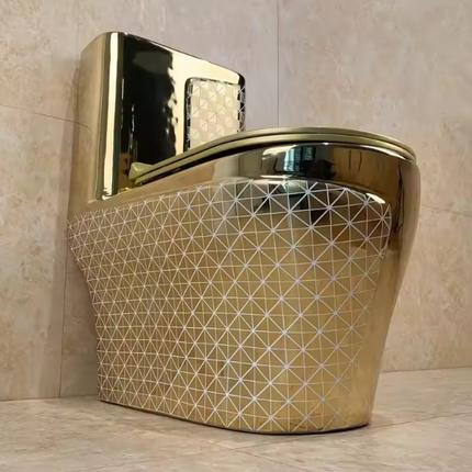 Luxuriöses, galvanisiertes, goldfarbenes Keramik-Wandwaschbecken und einteiliges Stand-WC-Set – Modernes WC-Set mit Zweimengenspülung und Siphon