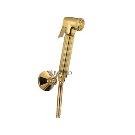 Gold handheld shower head on a white background
