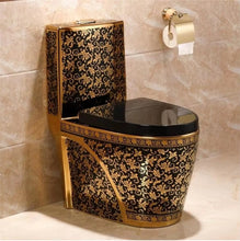 Charger l&#39;image dans la galerie, Black and Gold-Colored One Piece WC Toilet Bowl Floor-Mounted Elongated Ceramic
