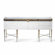 Load image into Gallery viewer, Luxurious Minimalist White Black Rectangular Versace Medusa Console Table with Durable X Legs- Elegant Design for Modern Living Spaces
