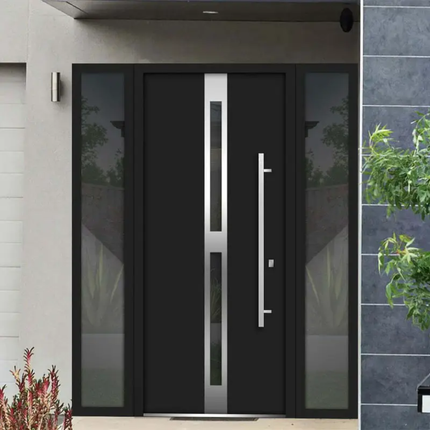 Modern black door with glass panels on a building exterior