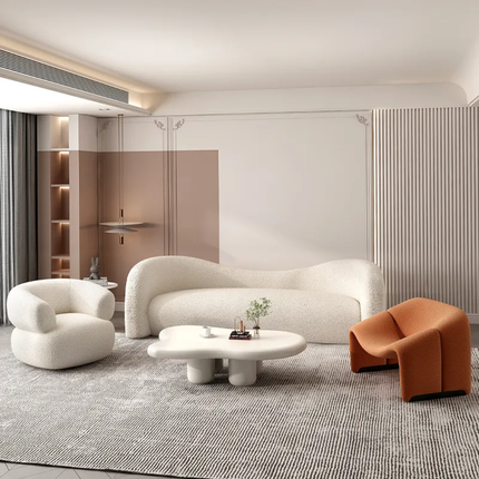 Modern living room with white and orange furniture