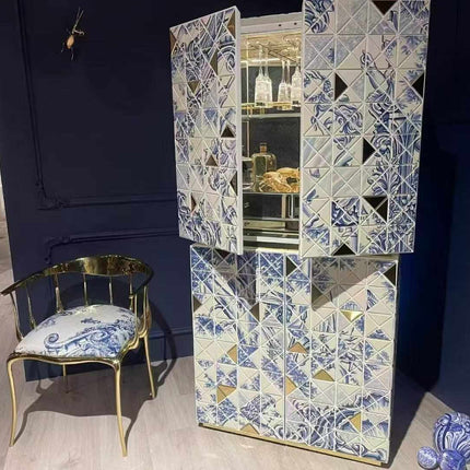 Luxury Italian Sideboard Cabinet –Modern Solid Wood & Metal Wine Cabinet Triangle Parquet Art