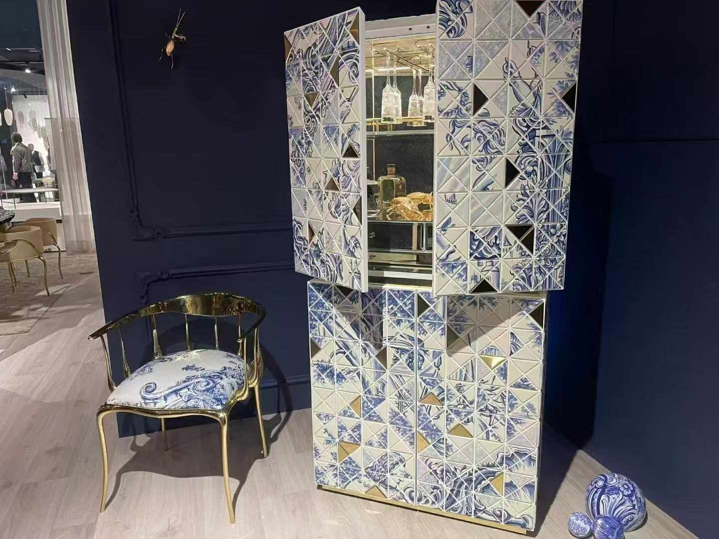 Luxury Italian Sideboard Cabinet –Modern Solid Wood & Metal Wine Cabinet Triangle Parquet Art