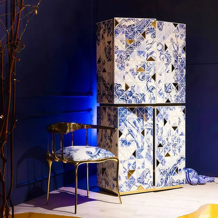 Luxury Italian Sideboard Cabinet –Modern Solid Wood & Metal Wine Cabinet Triangle Parquet Art