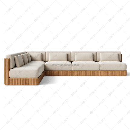 Beige sectional sofa with wooden base on a white background