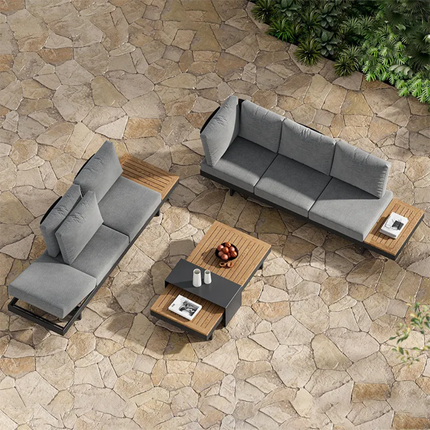 Outdoor patio furniture set on a stone patio
