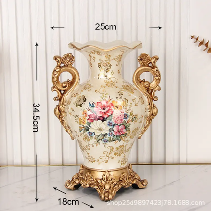 Decorative vase with floral design and gold accents, shown with measurements against a white background.