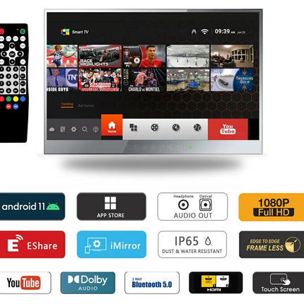 Smart TV with remote control displaying app icons on a white background