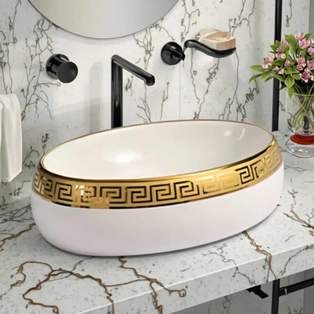 High-End Modern Gold Art Oval Wash Basin Glossy Ceramic Bathroom Sink