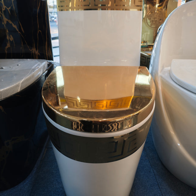 Decorative cylindrical container with gold and black accents on a reflective surface.

white gold toilet bowl
greek key design toilet
luxury ceramic wc toilet
gold seat toilet bowl
modern luxury bathroom toilet
designer toilet bowl
electroplated gold toilet
one piece ceramic toilet