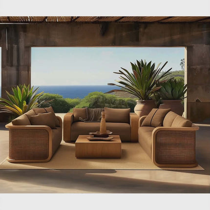 Brown outdoor furniture set with a scenic ocean view in the background