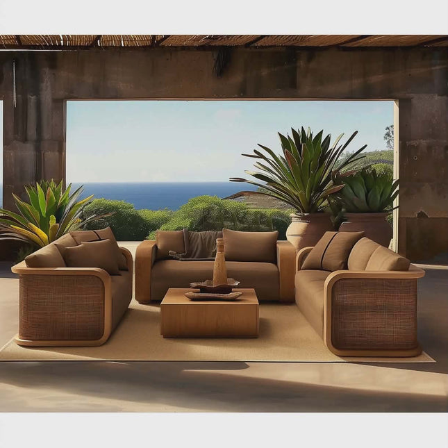 Brown outdoor furniture set with a scenic ocean view in the background