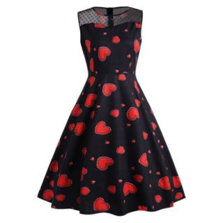 Women Ladies Mesh Printed Heart Shape Print Black Chiffon Lace Panel Heart Print Vintage Dress