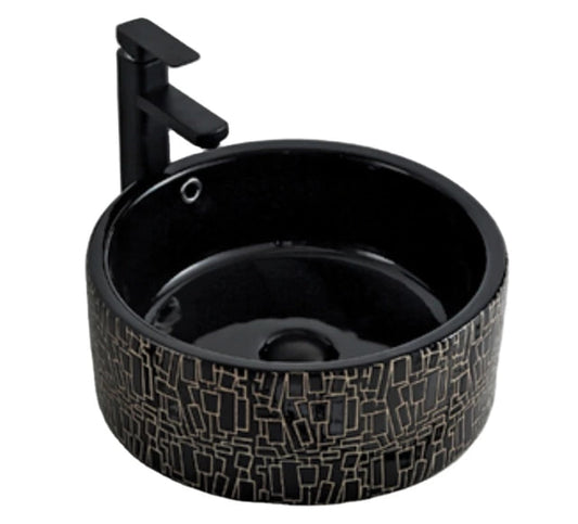Round Black Art Basin with Geometric Patterned Exterior A Bold Bathroom Porcelain