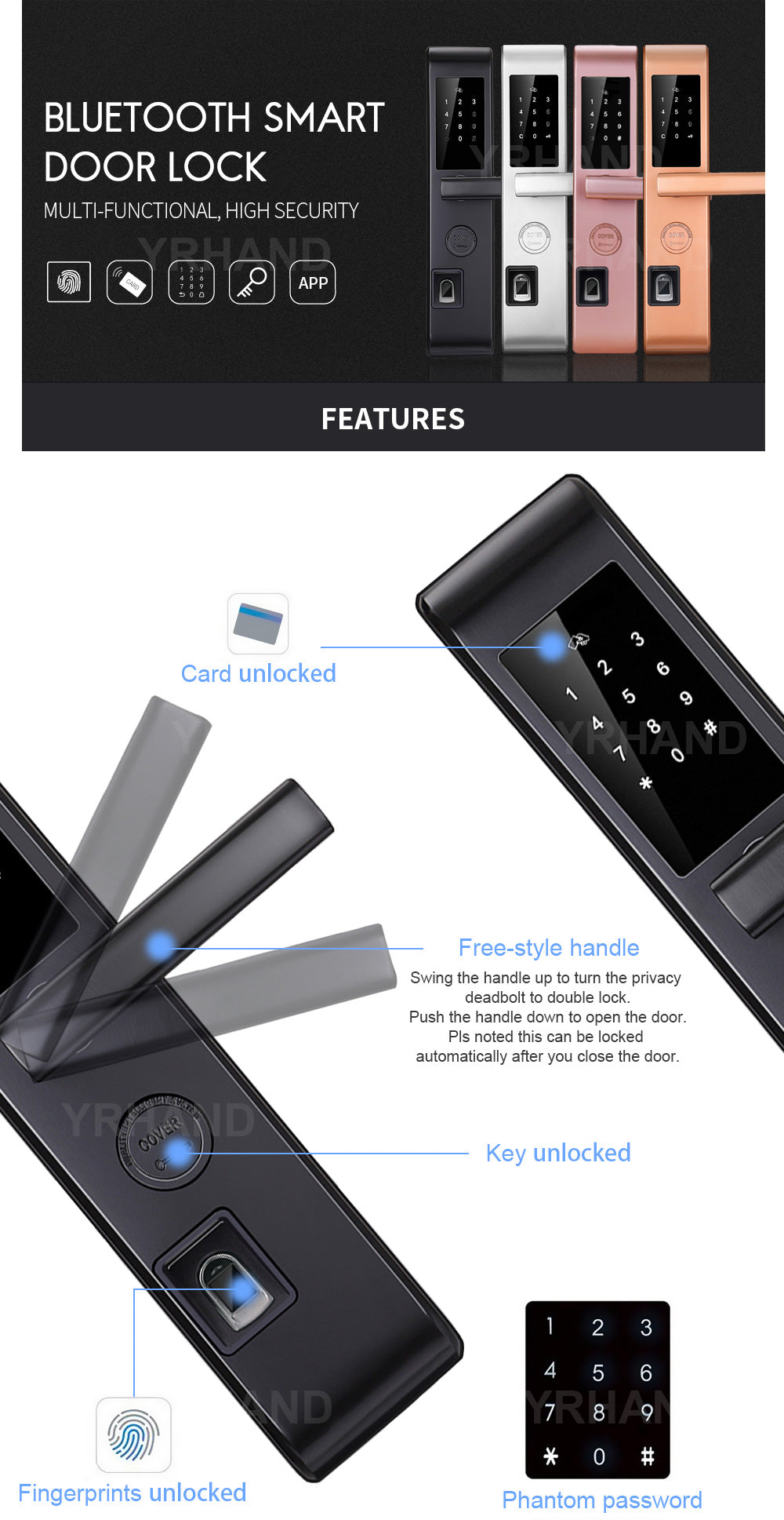 Keyless Bluetooth Fingerprint Reader Scanner Smart Door Lock with App