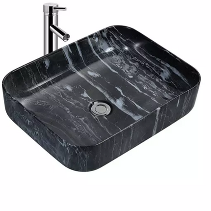 Porcelain Rectangular Sink Marble Black-Effect Design Sleek Tabletop Sink