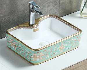 Single hole rectangle green printing ceramic bathroom art sinks porcelain wash basin