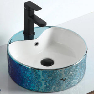 Porcelain Round Blue Basin Sink Electroplated Tabletop