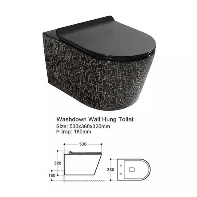 Washdown Wall Toilet Bowl Hanging Black Motif