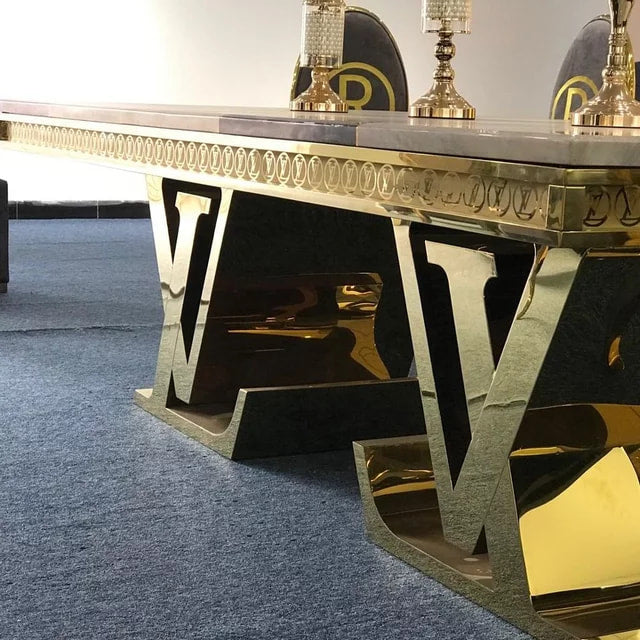 Luxury LV Style Marble Stainless Steel Gold Electroplating Dining Tabl