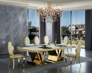 Luxury LV Style Marble Stainless Steel Gold Electroplating Dining Table