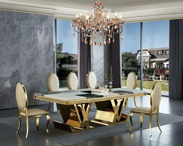 Exclusive glamor dining table modern with white conglomerate gold LV  COLLECTION  Primavera Home