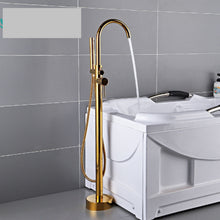 Lade das Bild in den Galerie-Viewer, Bathroom Brushed Gold Floor Mount Free Standing Bathtub Faucet Shower System Set PVD High End
