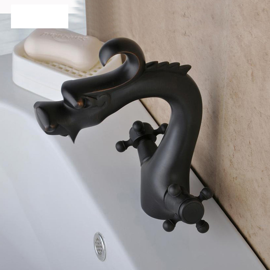 Dual Cross Handle Dragon Black Basin Water Tap