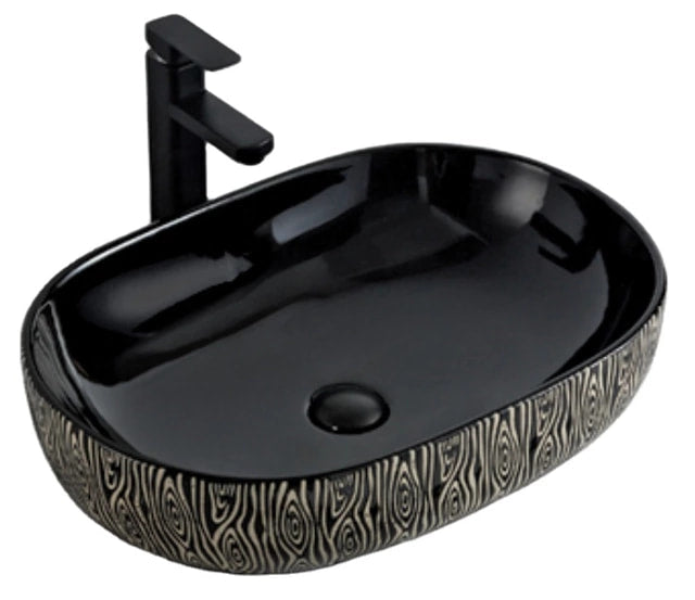 Black Oval Art Basin  Porcelain  with Wood Grain Textured Exterior