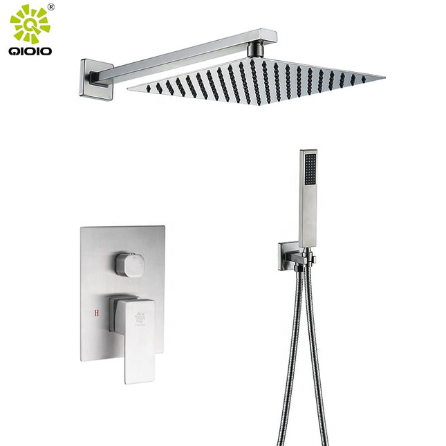 A silver stainless steel shower fixture set including a ceiling-mounted shower head, a hand-held shower head, and a control valve.