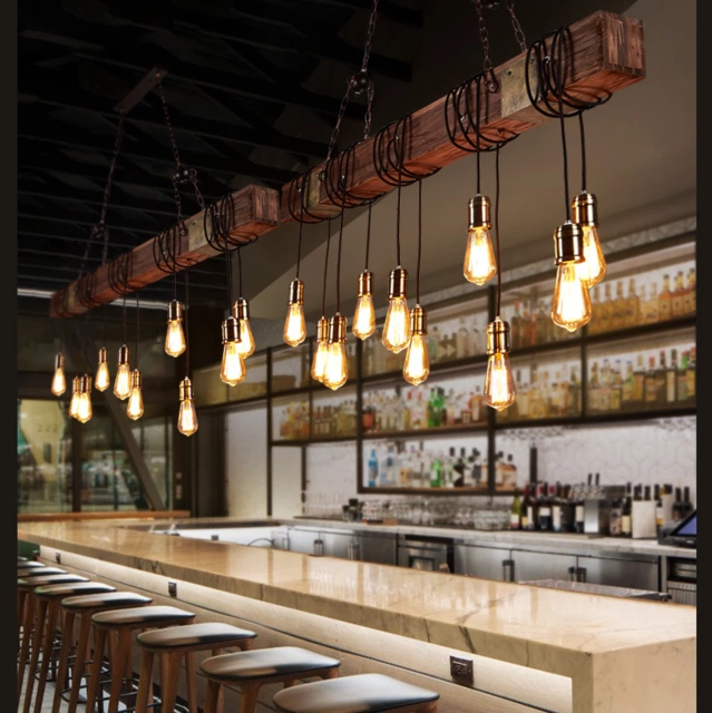 Rustic Wood Beam Edison Hanging Ceiling Lighting Natural Reclaimed Wooden Light Pendant Light