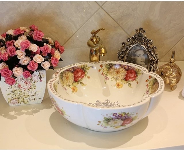Luxury Handmade Basin using Electroplating Porcelain Floral