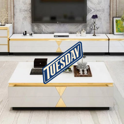 Coffee stable and TV Stand Set made of stainless steel and Marble glass top