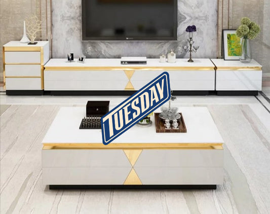 Coffee stable and TV Stand Set made of stainless steel and Marble glass top