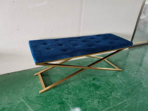 Modern Restaurant Street Seat Blue Velvet Chair Ottoman Bench For Shopping Mall