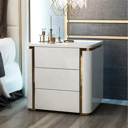 White and Gold Stainless Steel and Wood Drawer Side Table Luxury Elegant bedside Table for Bedroom