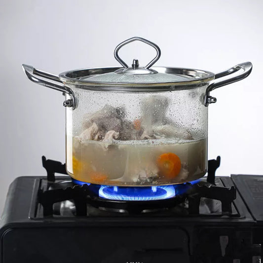 Clear High Borosilicate Heat Resistant Pyrex Glass Cooking Pot with Stainless Steel Handle Kitchenware