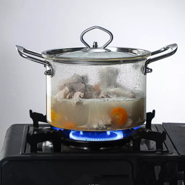 Clear high borosilicate heat resistant pyrex glass cooking pot with stainless steel handle Kitchenware