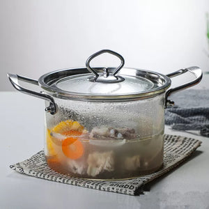 Clear high borosilicate heat resistant pyrex glass cooking pot with stainless steel handle Kitchenware