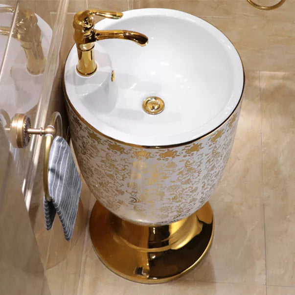 Maebow Golden Bloom Pedestal Basin Porcelain with Intricate Gold Detailing Artistic