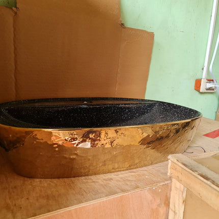 Porcelain Electroplated Sink Tabletop Bathroom Wash Basin Gold Glossy with Inside Black
