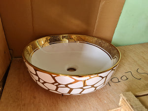 Ceramic Bathroom Accessories Wash Basin Gold White Round