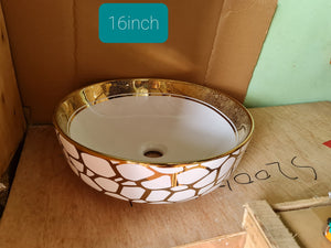 Ceramic Bathroom Accessories Wash Basin Gold White Round
