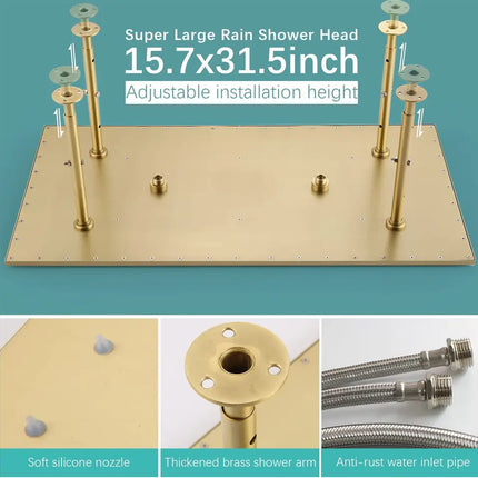 15.7×31.5 inch super large rectangular rain shower head in brushed gold finish, featuring adjustable installation height with thickened brass arms, soft silicone nozzles, and anti-rust water inlet pipes for premium performance