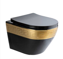 Cargar imagen en el visor de la galería, Italian Black and Gold Hanging toilet Versace Inspired Bathroom Toilet Bowl with System Included
