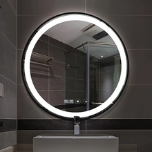 Загрузить изображение в средство просмотра галереи, 60cm Mirror with Black Frame Led Light Mirror with Antifog and Clock with 3 lights Changing
