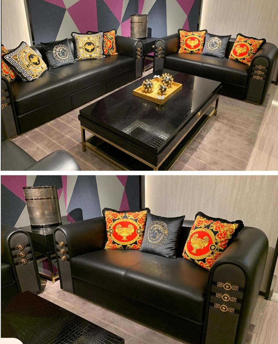 Versace Inspired Black edition Sofa Cowhide and Stainless Set Home Furniture Decor